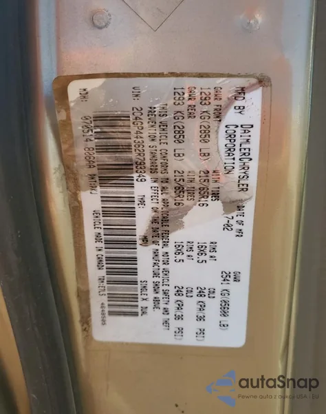 2002 Chrysler Town & Country Lx из США, поврежденный, VIN 2C4GP44362R793349